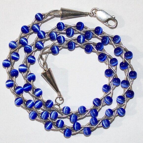 Vintage Sterling Silver Blue Cat Eye Glass Beaded Necklace - Picture 1 of 6